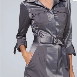 WHBM SATIN GRAY (pewter, silver) SHIRT DRESS LONG SLEEVE POCKETS SIZE 8